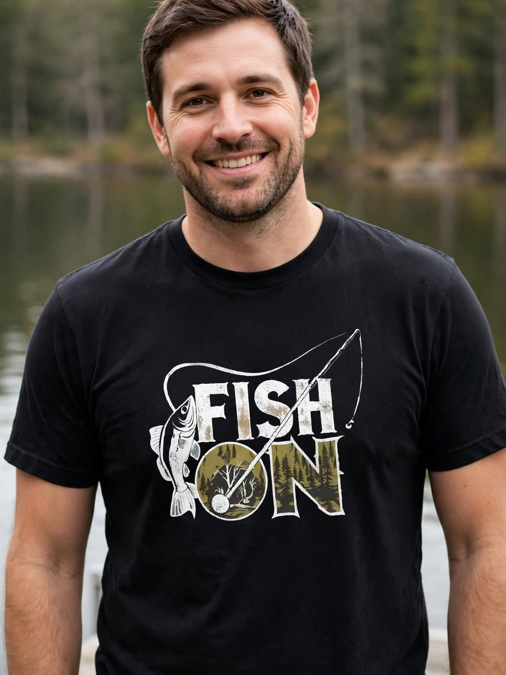 Fish On Black Graphic T-Shirt - Fishing Design